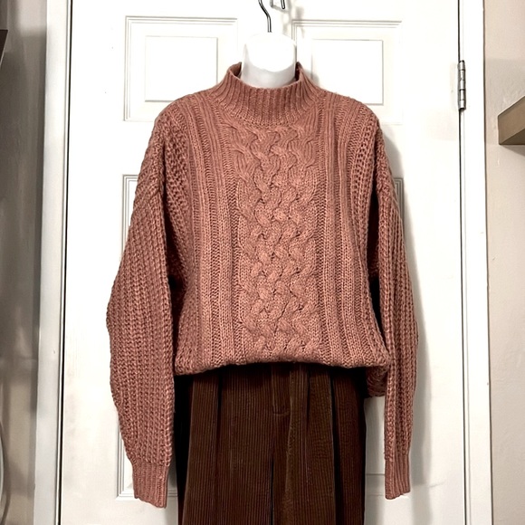 Long Sleeve Mock Turtleneck Terracotta Neutral Cable-knit Pullover Knit Sweater - Picture 1 of 6